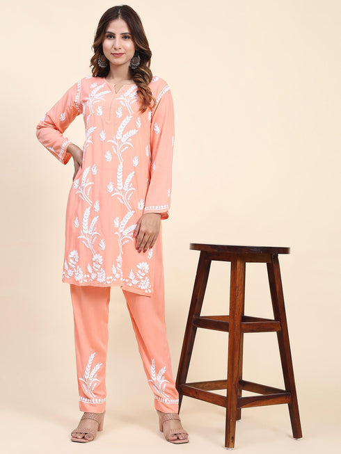 Fizaa Chikankari Short Modal Kurta Set - Peach
